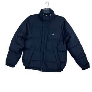 NAUTICA Navy Blue White Color Block Reversible Quilted Puffer Jacket Men Medium
